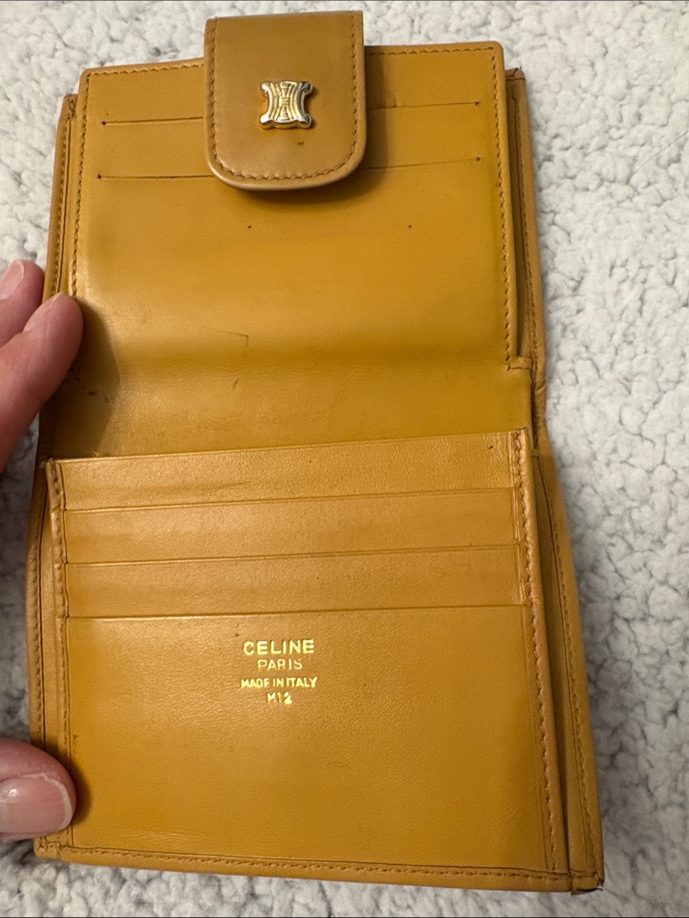 Vintage CELINE Macadam Triomphe Bifold Compact Wallet Yellow Mustard Leather - Picture 9 of 14